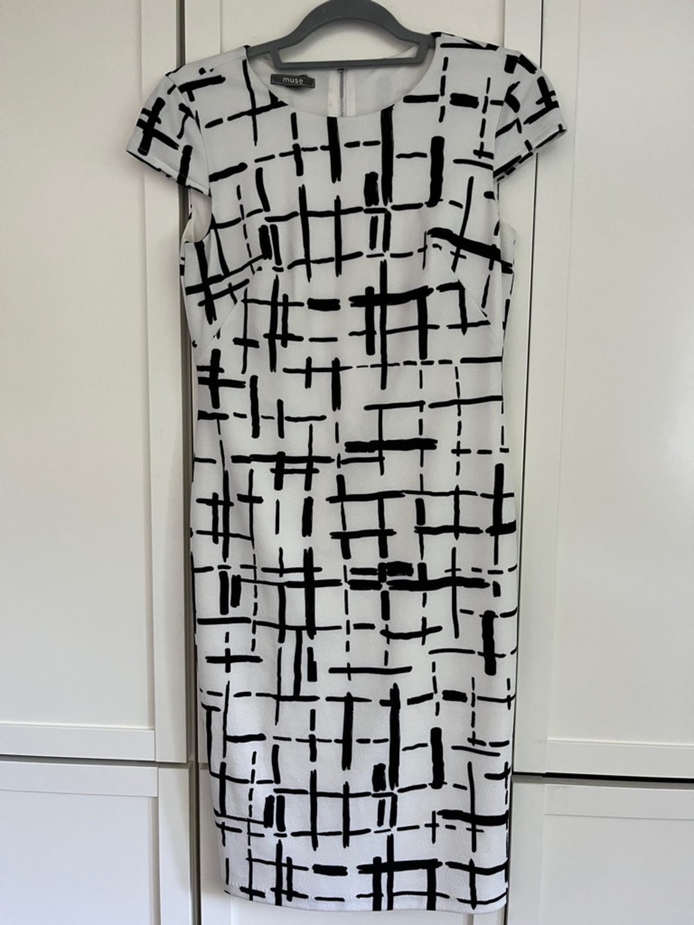 Muse White & Black Grid Midi Sheath Dress